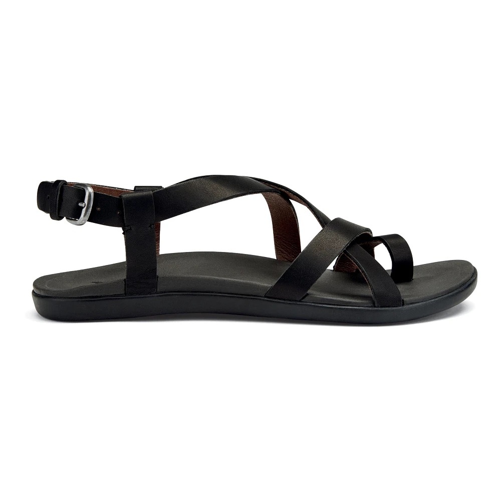 OluKai Women's Black Leather Crisscross Strap Sandal